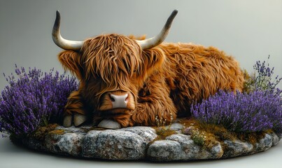 Obraz premium Scottish Highland cows sitting on the ground with lavender