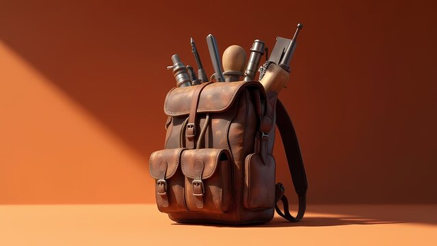 Brown leather backpack holding tools and equipment, ideal for crafting, outdoor use, or handyman needs.