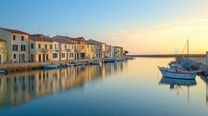 Obraz premium Scenic view of a small beautiful Italian coastal town with traditional buildings, boats, and calm water