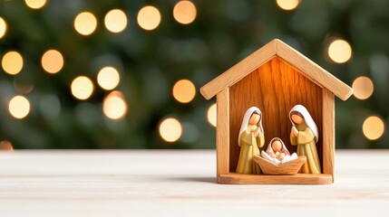 A beautifully crafted nativity scene with warm lights in the background, perfect for holidays.