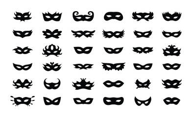 Carnival masks silhouettes icon set. Simple black icons masquerade mask, for party, parad, carnival, Halloween. Mask elements isolated sign, symbol