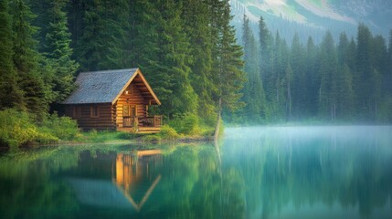 Fototapeta premium Rustic cabin by a lake surrounded by forest, morning light, concept of peaceful local trave