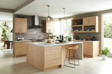 Modern kitchen featuring light wood cabinetry, marble countertops, and natural lighting.