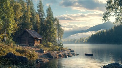 Rustic cabin by a lake surrounded by forest, morning light, concept of peaceful local trave