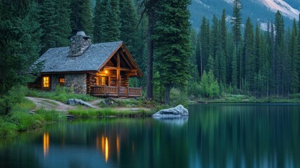 Rustic cabin by a lake surrounded by forest, morning light, concept of peaceful local trave