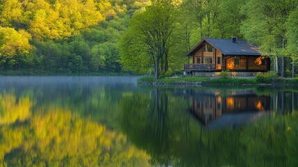 Rustic cabin by a lake surrounded by forest, morning light, concept of peaceful local trave