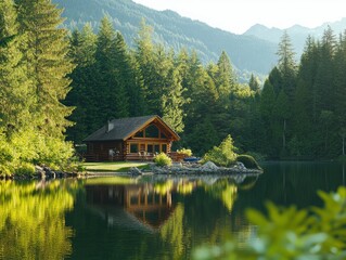 Fototapeta premium Rustic cabin by a lake surrounded by forest, morning light, concept of peaceful local trave