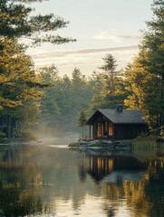 Fototapeta premium Rustic cabin by a lake surrounded by forest, morning light, concept of peaceful local trave
