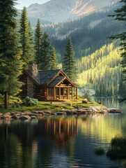 Obraz premium Rustic cabin by a lake surrounded by forest, morning light, concept of peaceful local trave