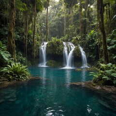 A dense rainforest with towering trees and sparkling waterfalls cascading into a clear pool.