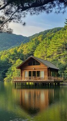 Obraz premium Rustic cabin by a lake surrounded by forest, morning light, concept of peaceful local trave
