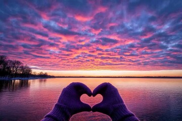Fototapeta premium Lifestyle and Feelings concept featuring woman's hands in winter gloves against a sunset light background