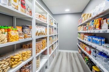 Fototapeta premium A well-organized pantry showcasing various snacks and beverages on shelves.