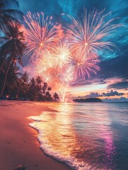 Professional photo of a tropical beach with vibrant fireworks in the sky, New Year celebration