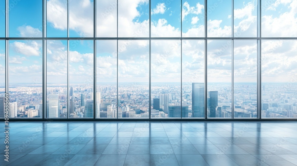 Poster A large city skyline is visible through a window in a building. The view is clear and unobstructed, with no clouds in the sky. The city appears to be bustling with activity