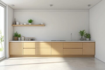 Fototapeta premium Modern kitchen interior with wooden cabinets and plants.