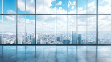 A large city skyline is visible through a window in a building. The view is clear and unobstructed, with no clouds in the sky. The city appears to be bustling with activity