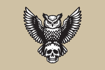 Black and white engraving of an owl with wings spread perched on a human skull, mystical and gothic tattoo-style vector illustration