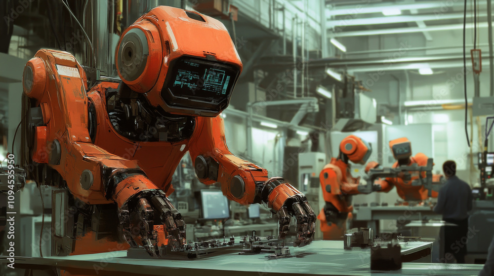 Poster smart factories use ai to automate manufacturing. ai intelligently manages production, making things