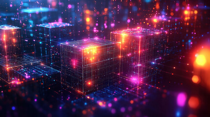 Obraz premium Vibrant digital landscape with glowing cubes and multicolored lights in a futuristic environment. Generative AI