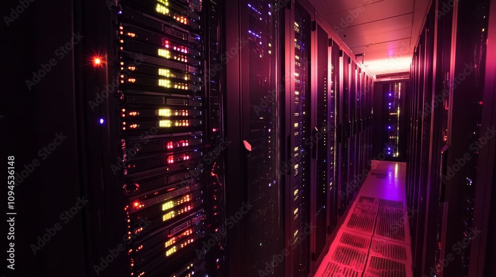 Poster a dark server room holds the computers for cloud storage. bright data signals illuminate the technol