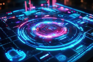 Futuristic digital interface with glowing neon circular HUD.