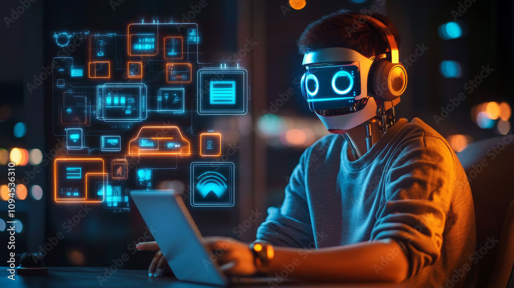 Poster a robot or cyborg uses ai to chat online. it helps users through messaging, offering tech support an