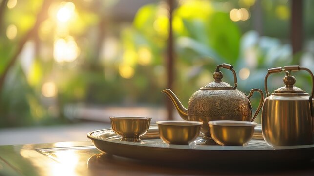 A brass tea set shines on a tray, bathed in soft sunlight in the garden