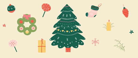Collection of Christmas elements: Perfect for create cards, posters, print for product. vector illustration.