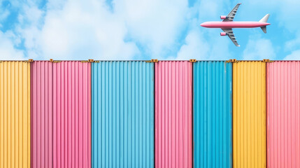 A plane flying overhead between colorful shipping containers, creating a striking perspective against a blue sky with clouds