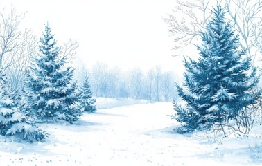 Fototapeta premium Watercolor illustration of a snowy forest, Christmas fir trees, winter nature, conifer, holiday background, rural landscape, outdoor scene, isolated on white