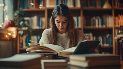 Professional close up photo of a student studying with open books and a laptop, cozy library