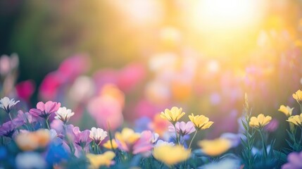 Vibrant spring flower backdrop with a diverse array of colorful blooms illuminated by warm sunlight in a serene outdoor setting