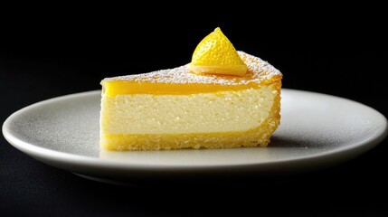 Luscious cheesecake slice with creamy texture, topped with zesty lemon glaze and a decorative lemon wedge on a sleek white plate.