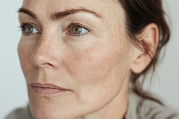 Fototapeta premium Elegant close-up of a middle-aged woman's face, showcasing natural beauty, fine wrinkles, and freckles, perfect for skincare, wellness, and aging-related campaigns.