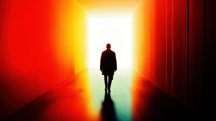 Silhouette of a person walking towards exit of building tunnel corridor