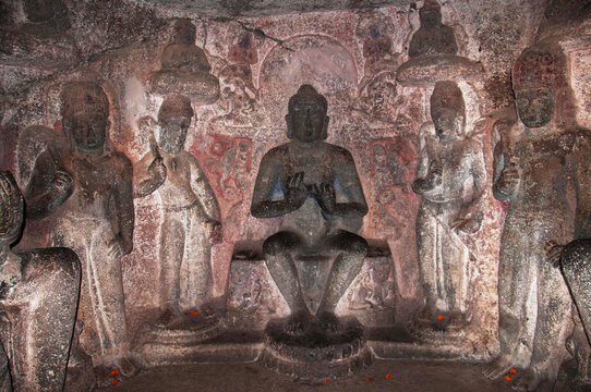 Sculpture, Buddhist Caves, Pandav Leni, Nashik, Maharashtra, India, Asia