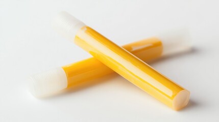 Glue sticks in open and closed positions showcasing a vibrant yellow color on a clean white background, highlighting their smooth surfaces and sleek design.