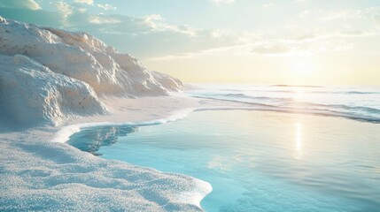 Fototapeta premium Crystalline white salt beach glowing in morning light with shimmering small seawater pools in a tranquil hypersaline landscape.