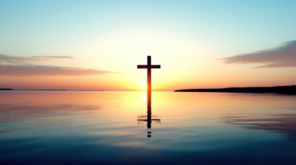 Silhouette of wooden Christian cross on reflective water lake river during sunset