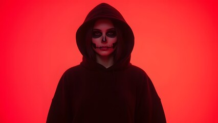 Fototapeta premium A hooded figure with skull makeup and glowing red background, exuding mystery and eerie vibes.