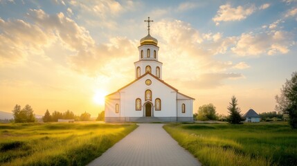 Fototapeta premium Beautiful church in the morning sun light shine on lush green grass