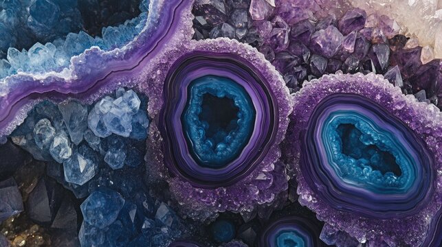 Vibrant close-up of purple and blue geodes featuring intricate crystal formations and shimmering surfaces in a striking mineral arrangement.