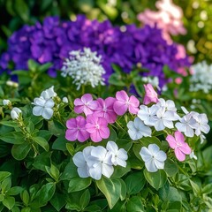 Naklejka premium Colorful garden filled with blooming flowers showcasing lavender and white hues in spring