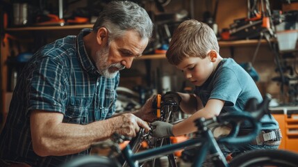 Grandfather and grandson repairing a bicycle together in the garage, tools around