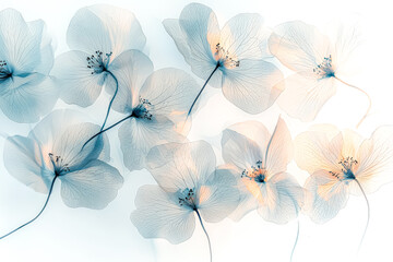 Close up of a bunch of flowers with a blue background. The flowers are very detailed and appear to be made of glass. Scene is serene and calming, as the flowers seem to be floating in mid-air