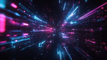 Fototapeta premium Here's a caption and keywords for your image.. Abstract digital tunnel with glowing neon lines, conveying speed and technology.