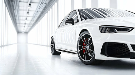 White Luxury Sedan Showcased in Modern Hallway, 3D Render