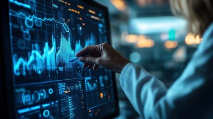 Fototapeta premium Close-up of a scientist analyzing data on a high-tech monitor, laboratory setting