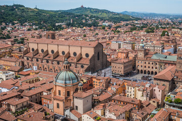 Aerial view of Piazza Maggiore and surrounding monuments and churches, Bologna ITALY